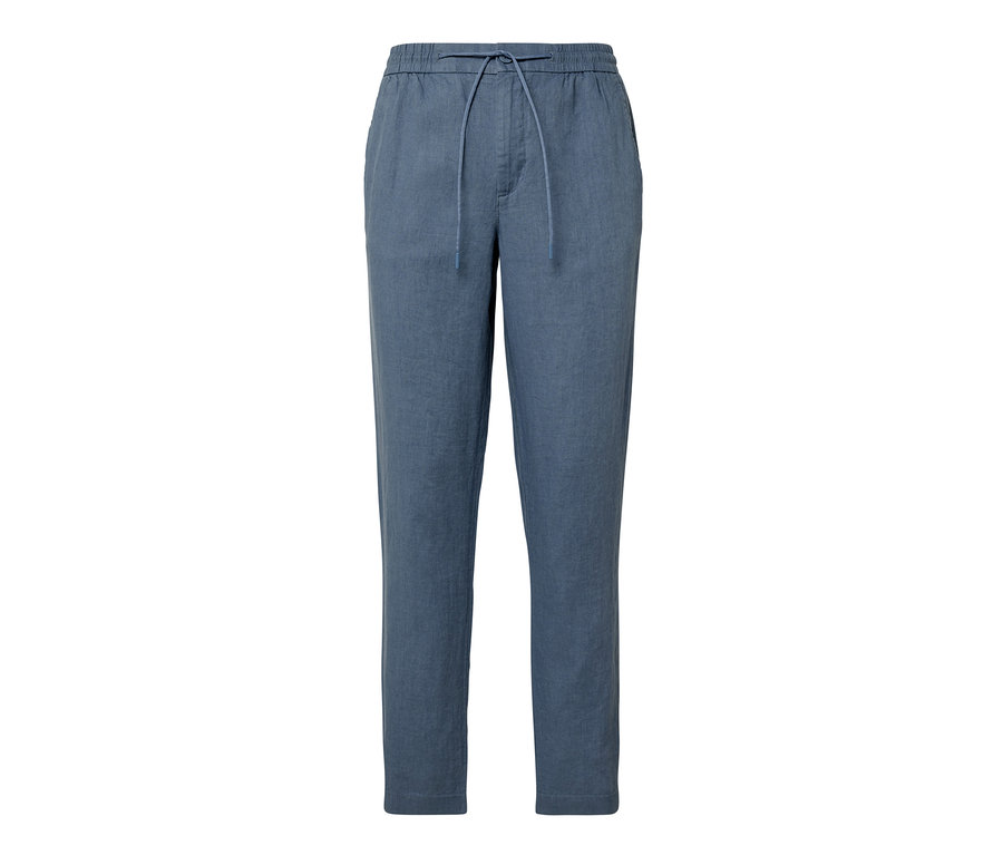 Un pantalon chino en lin bleu.