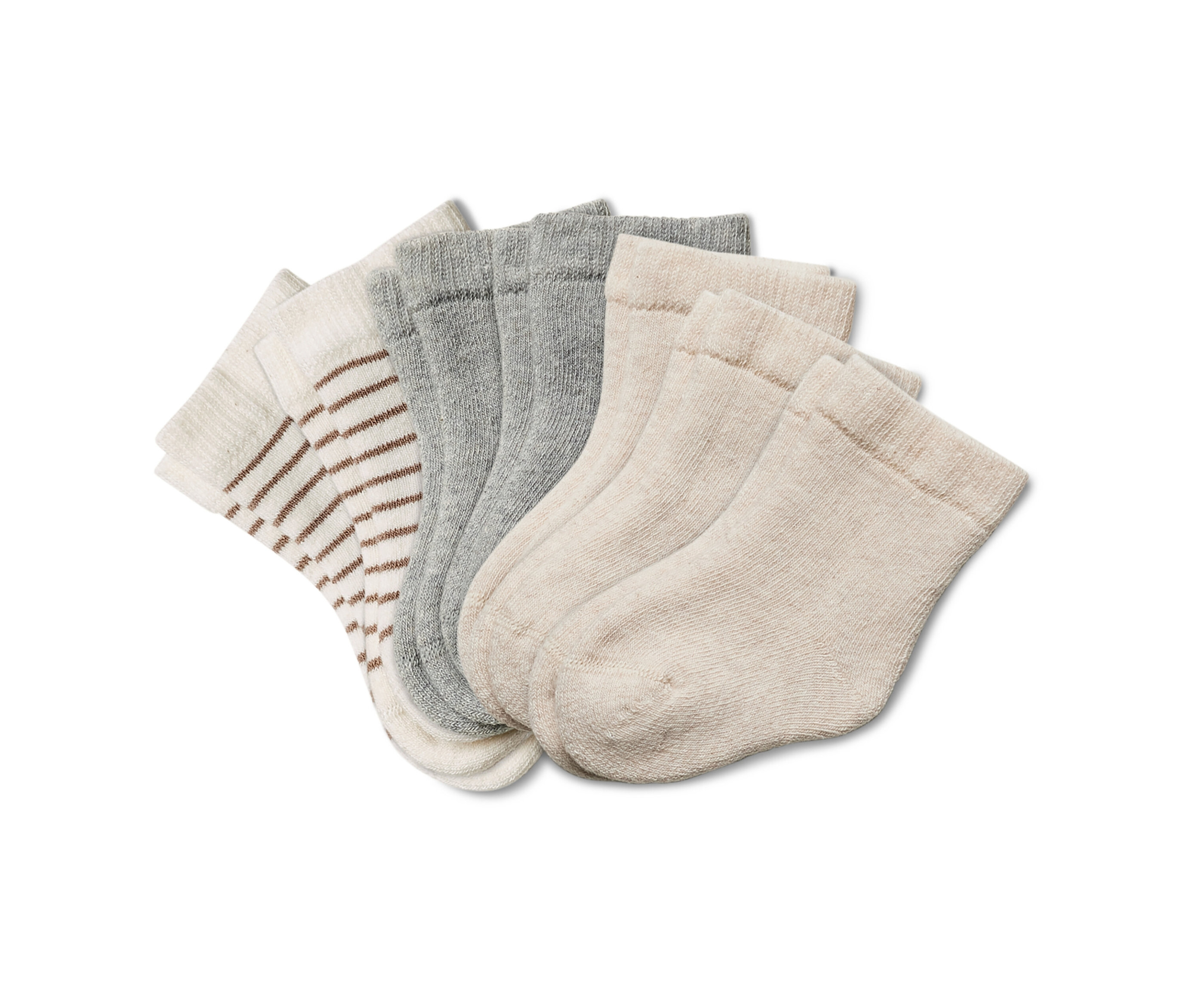Vue détaillée de sept paires de chaussettes en tissu éponge pour bébé de différentes couleurs.