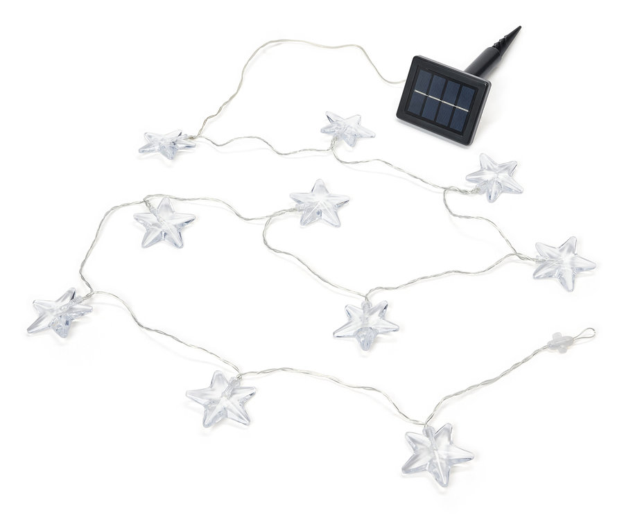 Guirlande lumineuse solaire « Étoiles » avec des étoiles transparentes sur fond blanc.