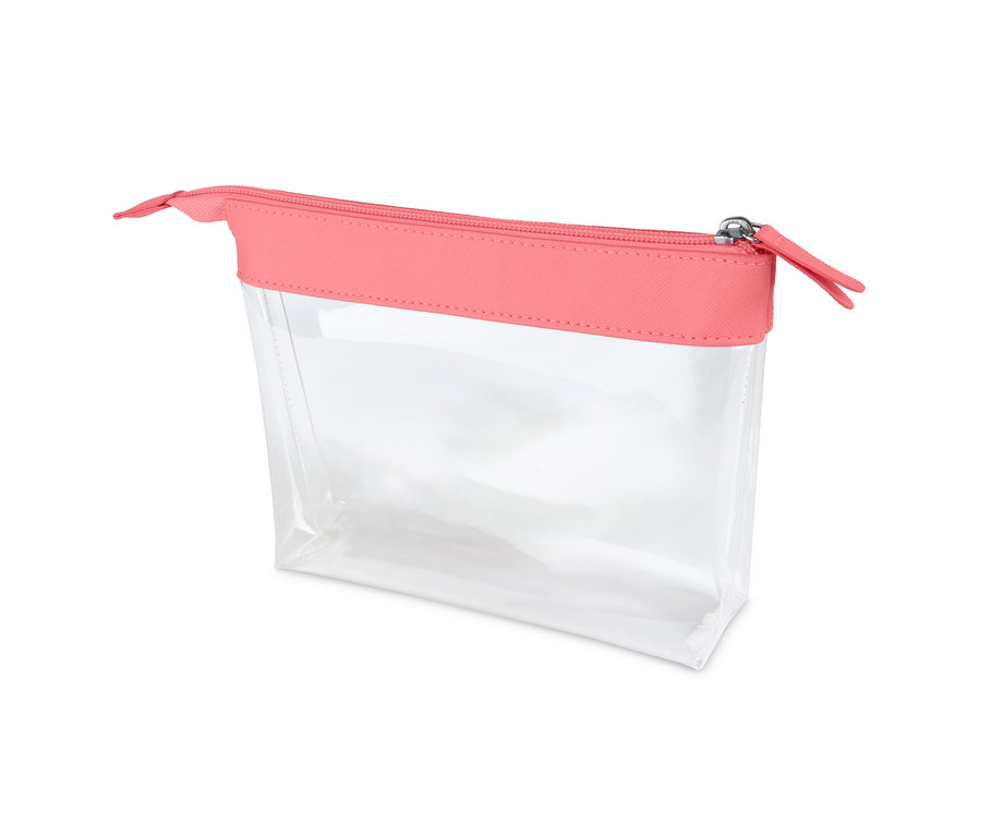 Trousse à cosmétiques transparente pour bagage à main avec fermeture éclair rose.