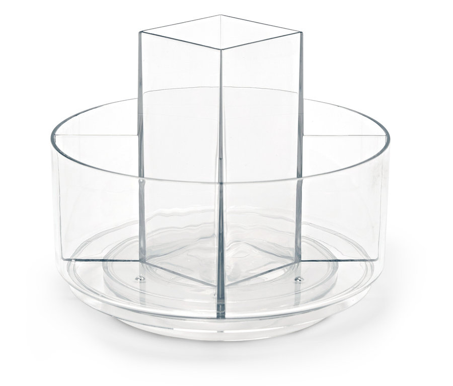 Organisateur rotatif transparent avec plusieurs compartiments.