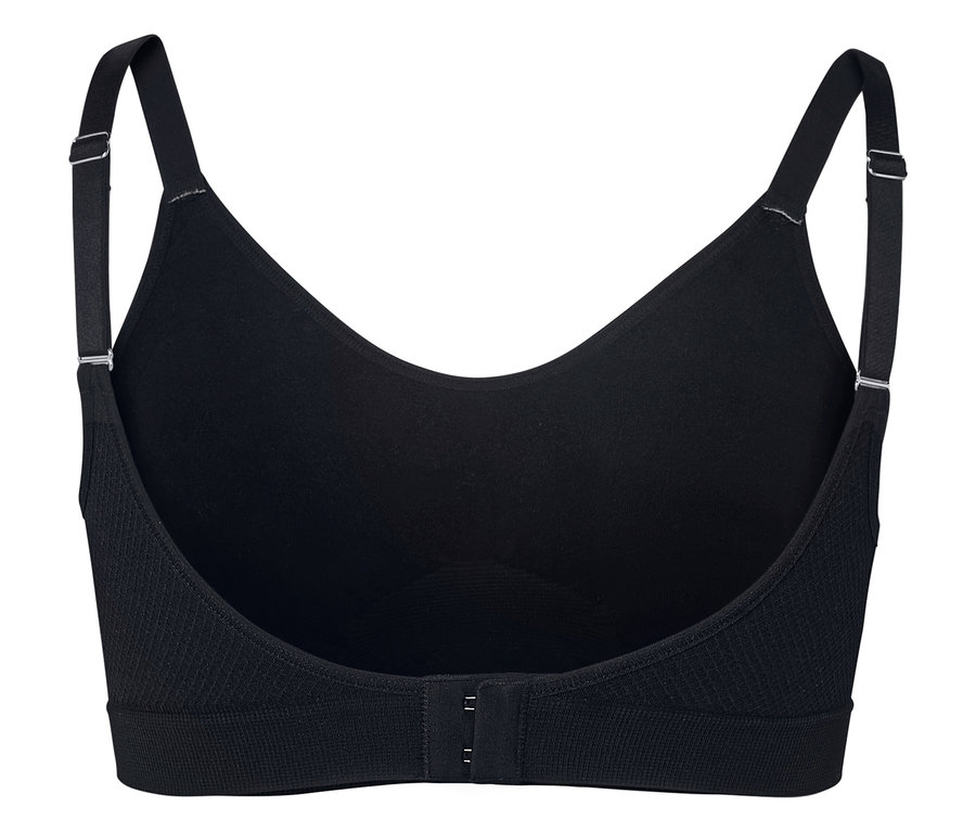 Vue détaillée de l'arrière d'un soutien-gorge noir avec bretelles réglables et fermeture à agrafes.