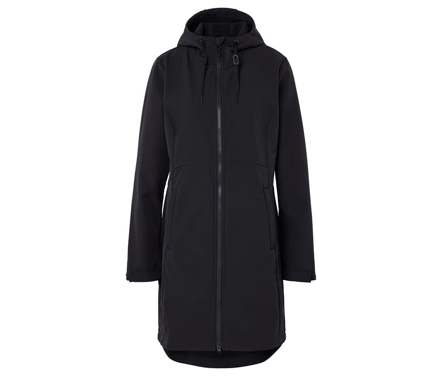 Manteau noir pour femme avec capuche et fermeture éclair.