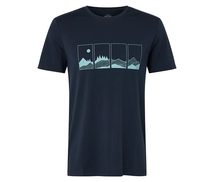 T-shirt bleu marine avec quatre motifs de nature dans des rectangles.