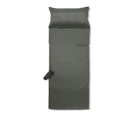 Drap de sac de couchage en soie gris et son étui.