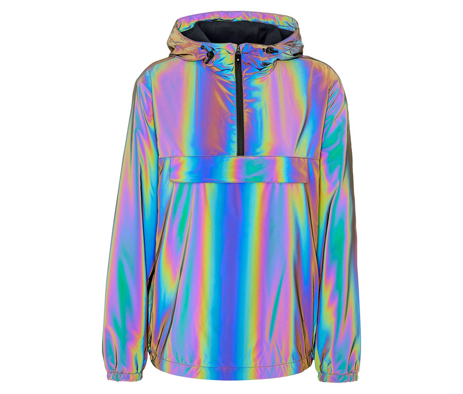 Un blouson à capuche arc-en-ciel brillant avec une fermeture éclair.