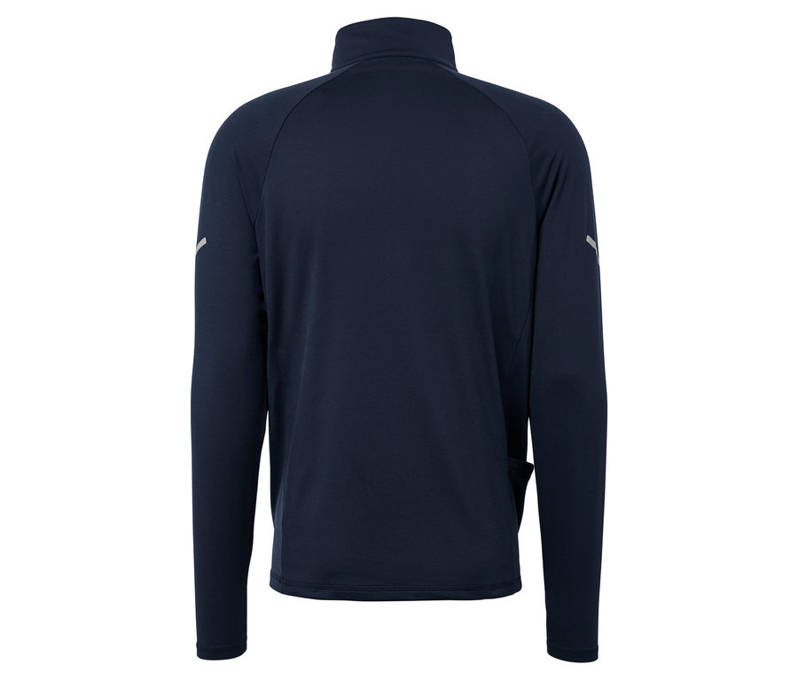 Vue arrière d'une veste à manches longues bleu foncé.