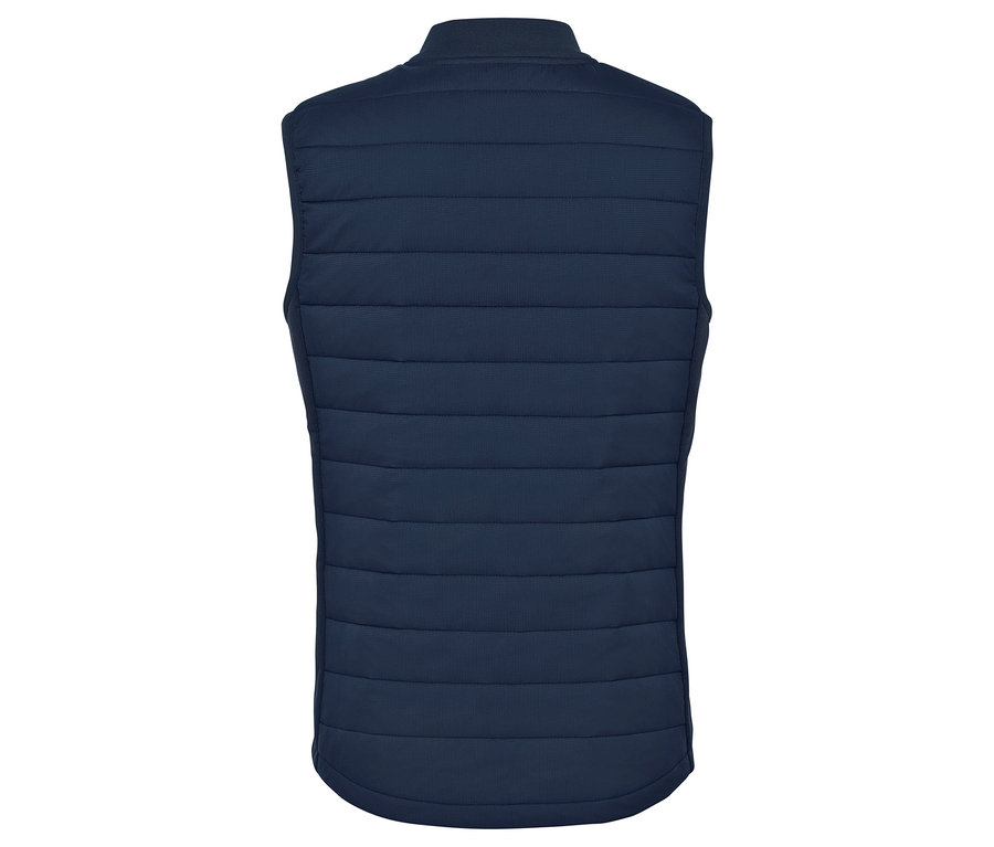 Vue arrière d'un gilet matelassé bleu foncé.