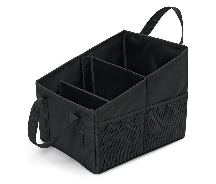 Organisateur en tissu noir avec quatre compartiments et poignées.