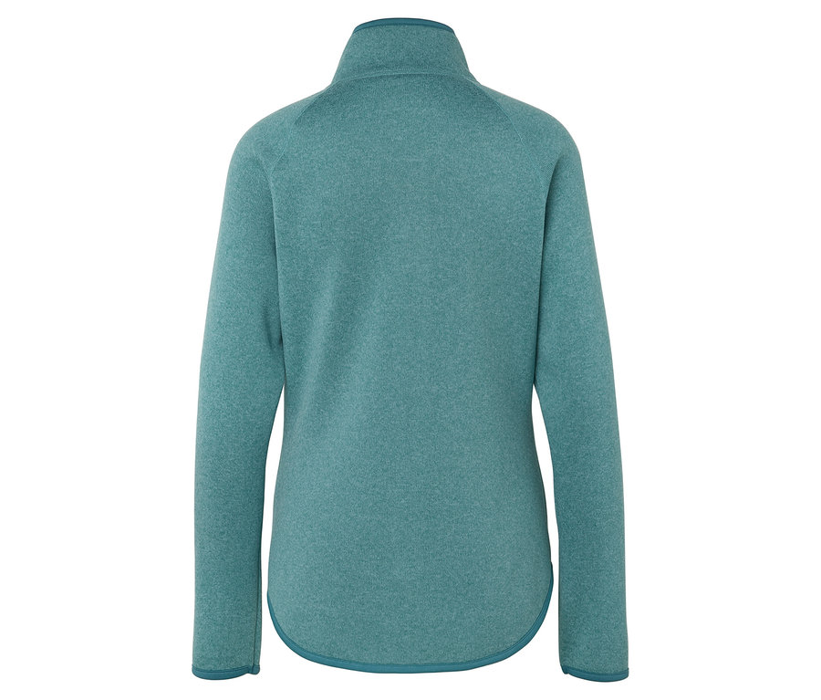 Vue arrière d'un pull en polaire turquoise à manches longues avec fermeture éclair.