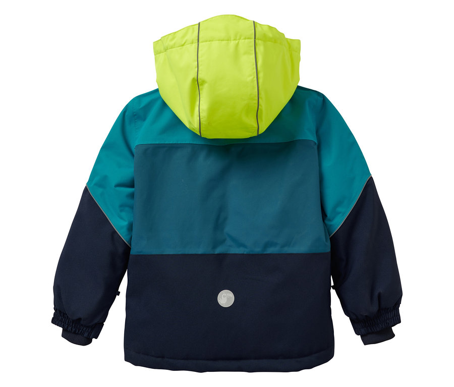 Vue arrière d'une veste robuste pour enfant JAKO-O en turquoise foncé avec une capuche jaune.
