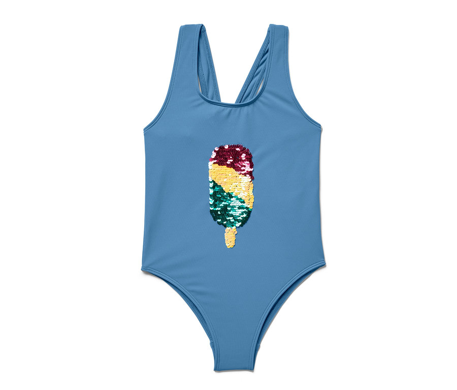 Maillot de bain bleu pour enfant avec une glace à l'eau à paillettes réversibles.