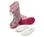 Bottes en caoutchouc pour enfants avec motif floral et semelle rose, à côté se trouvent deux semelles intérieures blanches.