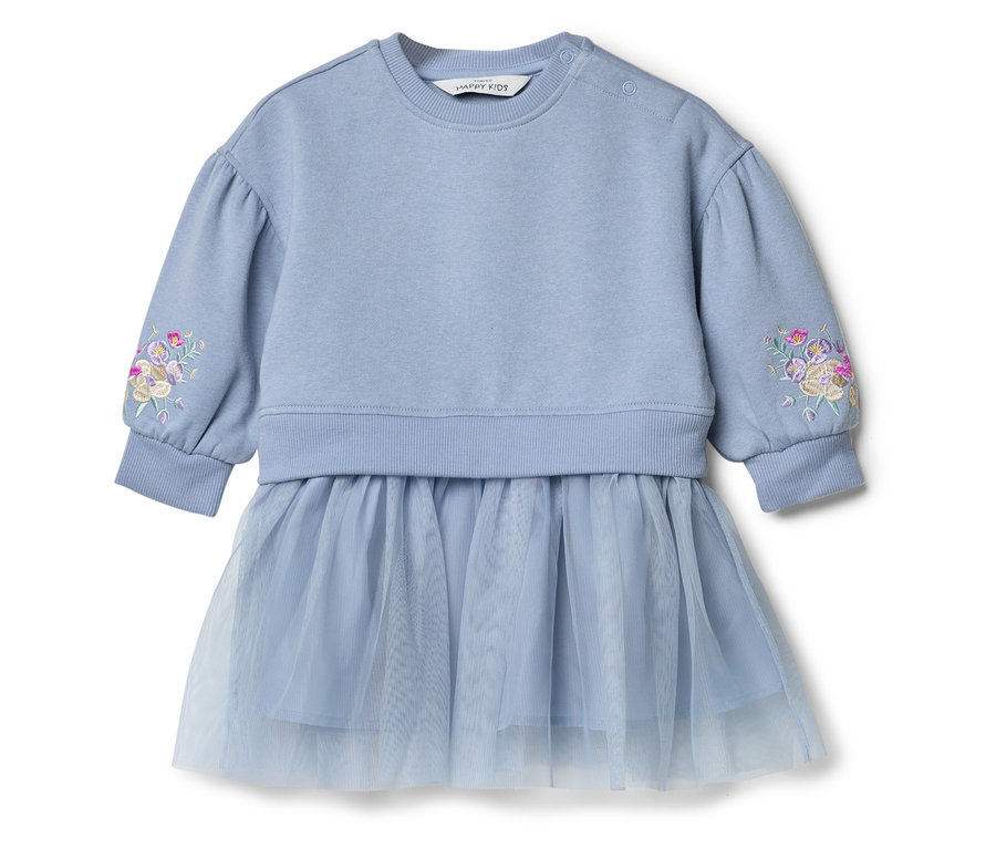 Robe bleu clair à manches longues avec broderies florales sur la manche.