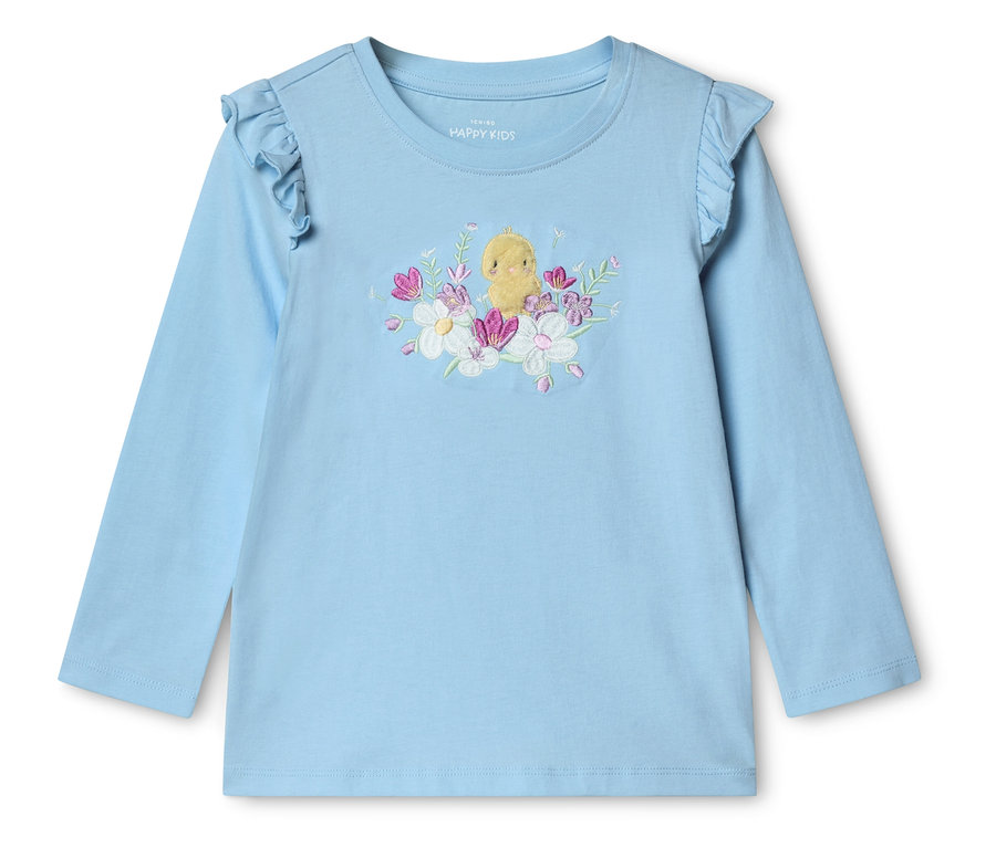 T-shirt à manches longues bleu clair avec broderie poussin et fleurs.