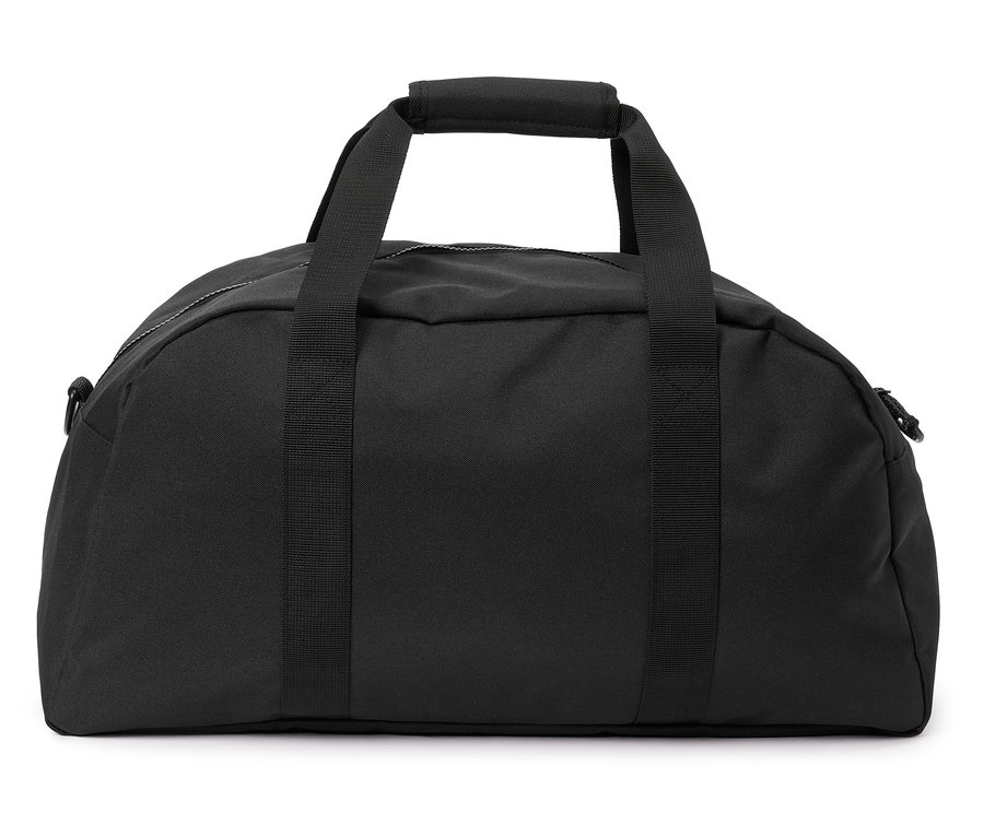 Sac de voyage noir avec poignées et bandoulière, posé sur un fond blanc.