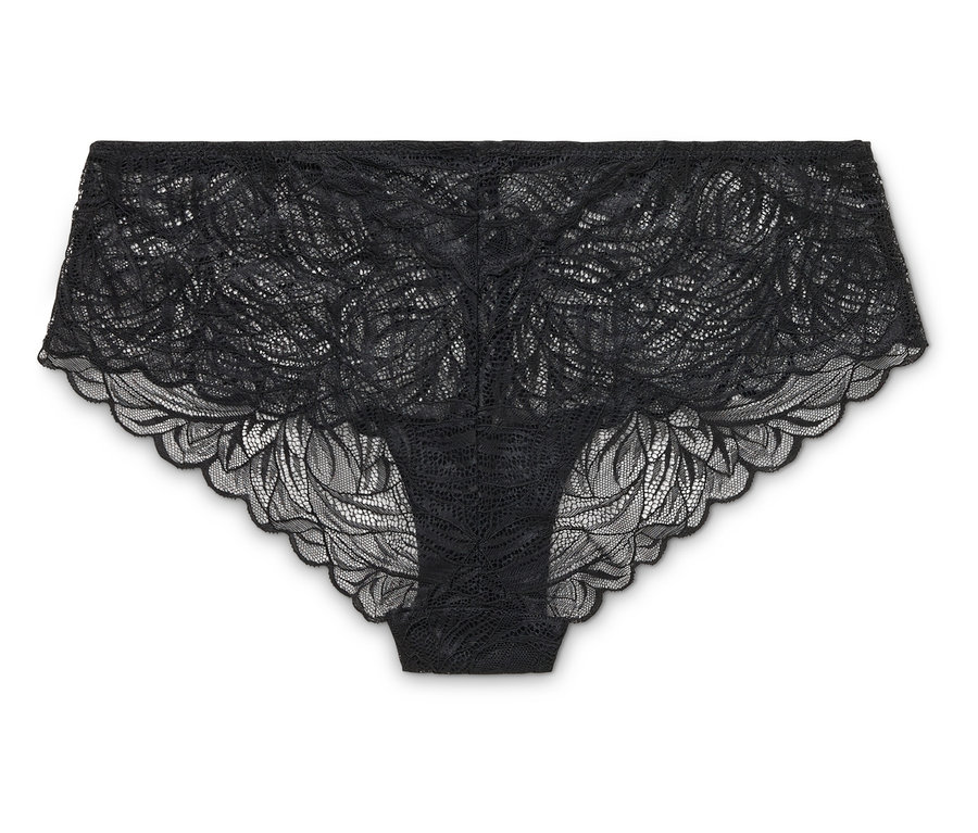 Culotte en dentelle noire transparente sur fond blanc.