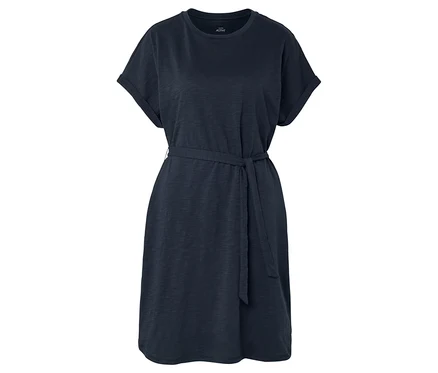 Une robe en jersey bleu marine à manches courtes et à ceinture en tissu est présentée sur un fond blanc.