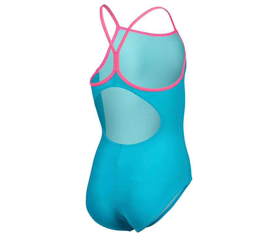 Gros plan sur le dos d'un maillot de bain turquoise avec des bretelles roses et une bordure rose.