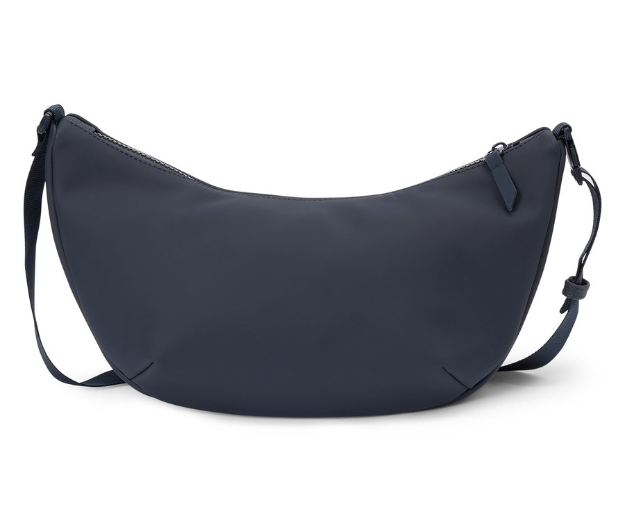 Sac bandoulière bleu marine en forme de croissant de lune avec fermeture éclair.