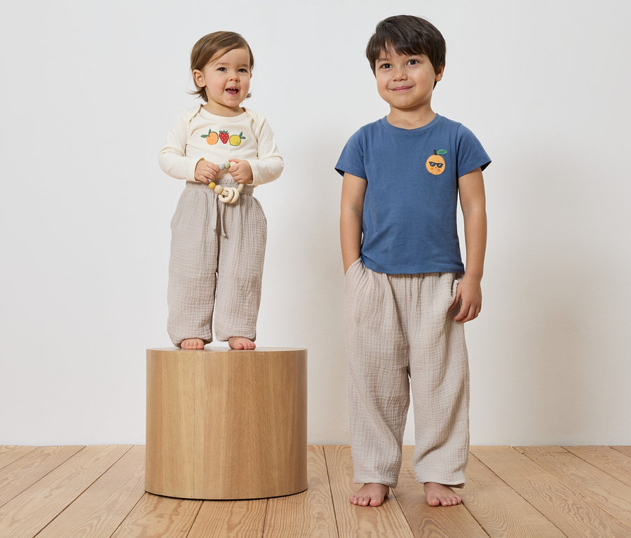 Un bambin avec une chemise brodée et un anneau de dentition se tient sur un socle en bois, à côté d'un petit garçon avec une chemise bleue et une orange brodée, tous deux portant des pantalons amples.
