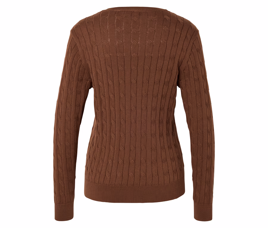 Pull en tricot marron à col rond et manches longues, photographié de dos.