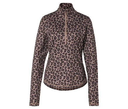 T-shirt de sport thermique marron avec demi-fermeture éclair et motif léopard.