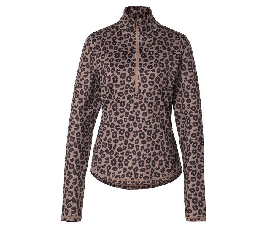 T-shirt de sport thermique marron avec demi-fermeture éclair et motif léopard.