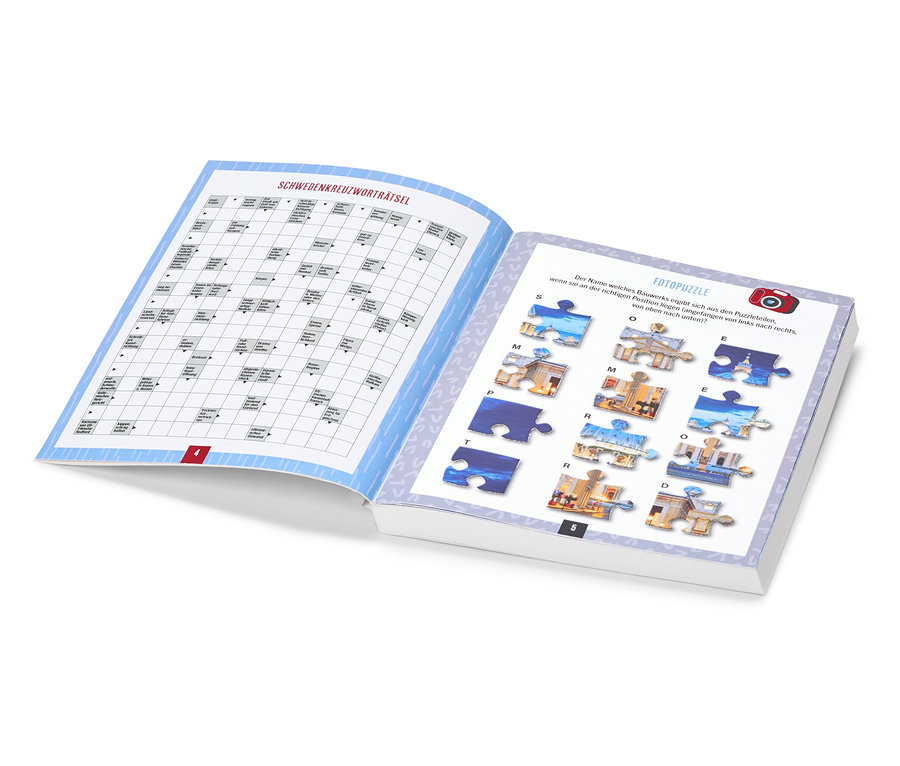Livre ouvert avec des mots croisés à gauche et un puzzle photo à droite.