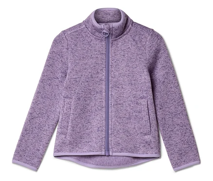 Veste en polaire violette avec fermeture éclair intégrale et deux poches.
