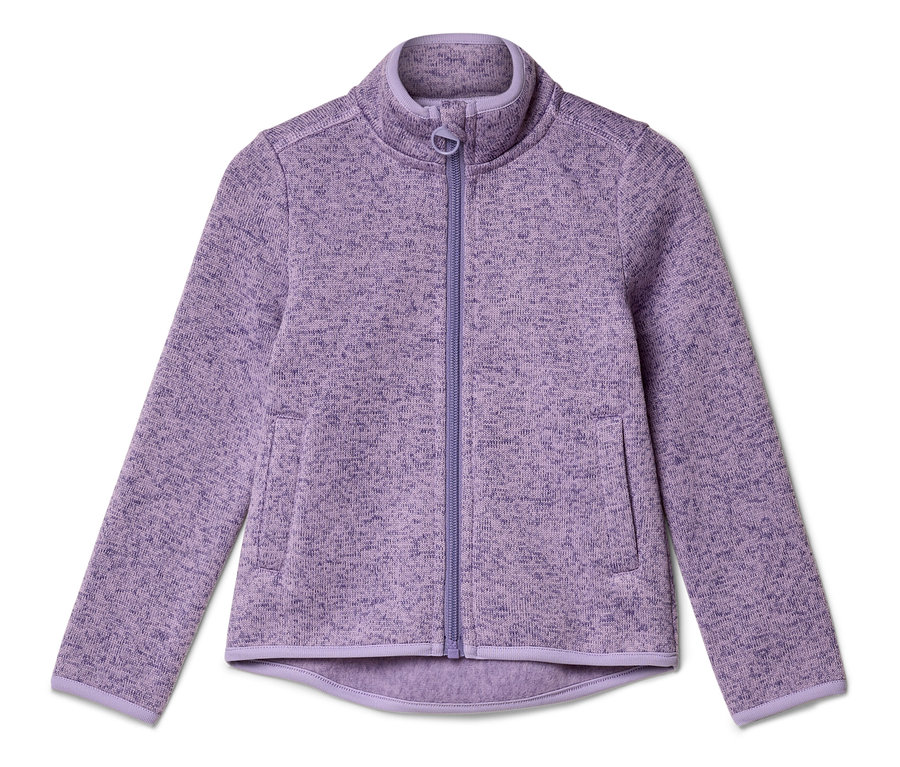 Veste en polaire violette avec fermeture éclair intégrale et deux poches.