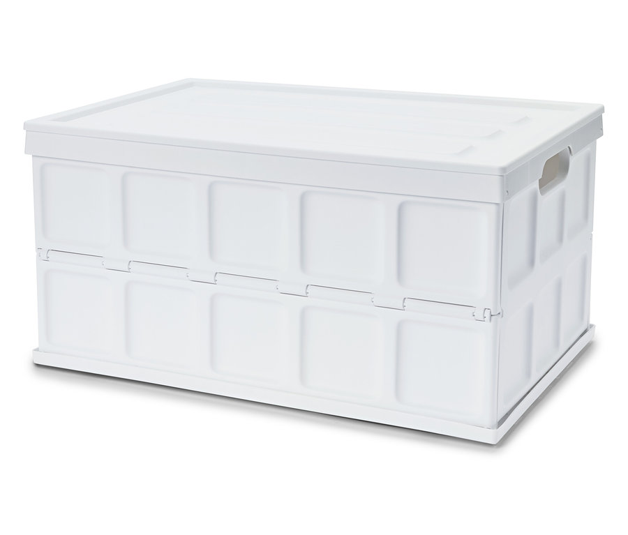 Une boîte pliante blanche fermée avec un couvercle se trouve sur un fond blanc.