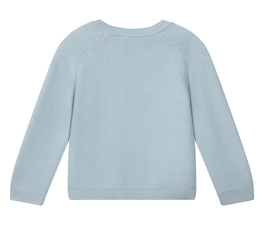 Pull en tricot bleu clair, photographié de dos.