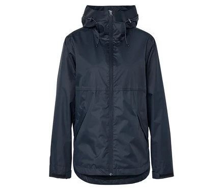 Imperméable bleu marine avec capuche, fermeture éclair frontale et poches.