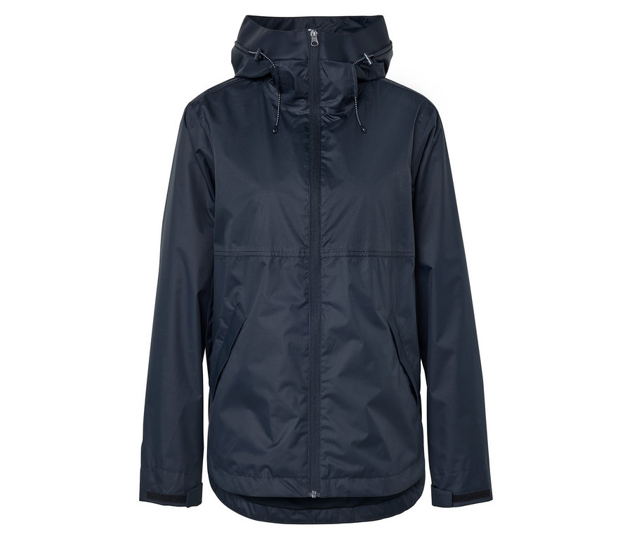 Imperméable bleu marine avec capuche, fermeture éclair frontale et poches.