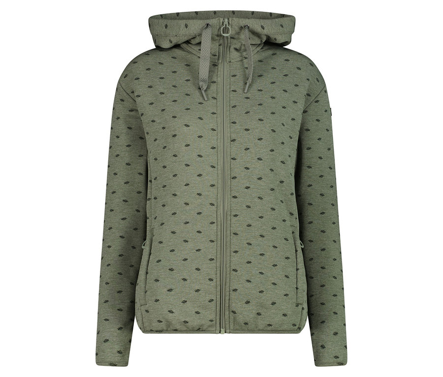 Veste zippée à capuche verte avec motif foncé.