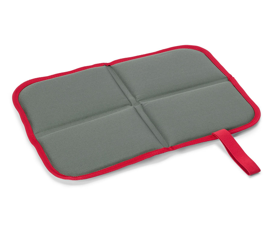 Tapis de sol pliable gris avec bordure rouge et sangle de transport.