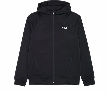 Veste sweat technique noire pour homme FILA avec capuche et fermeture éclair. Logo FILA sur la poitrine.