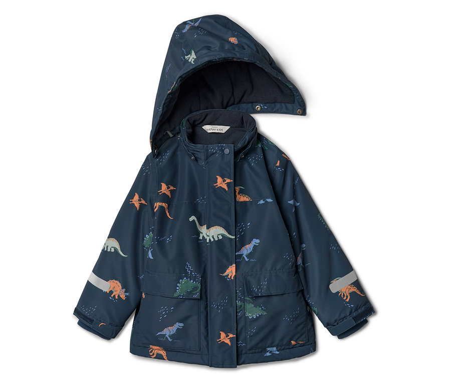 Veste enfant bleu marine à capuche avec motif dinosaures, fermée par des boutons-pression.