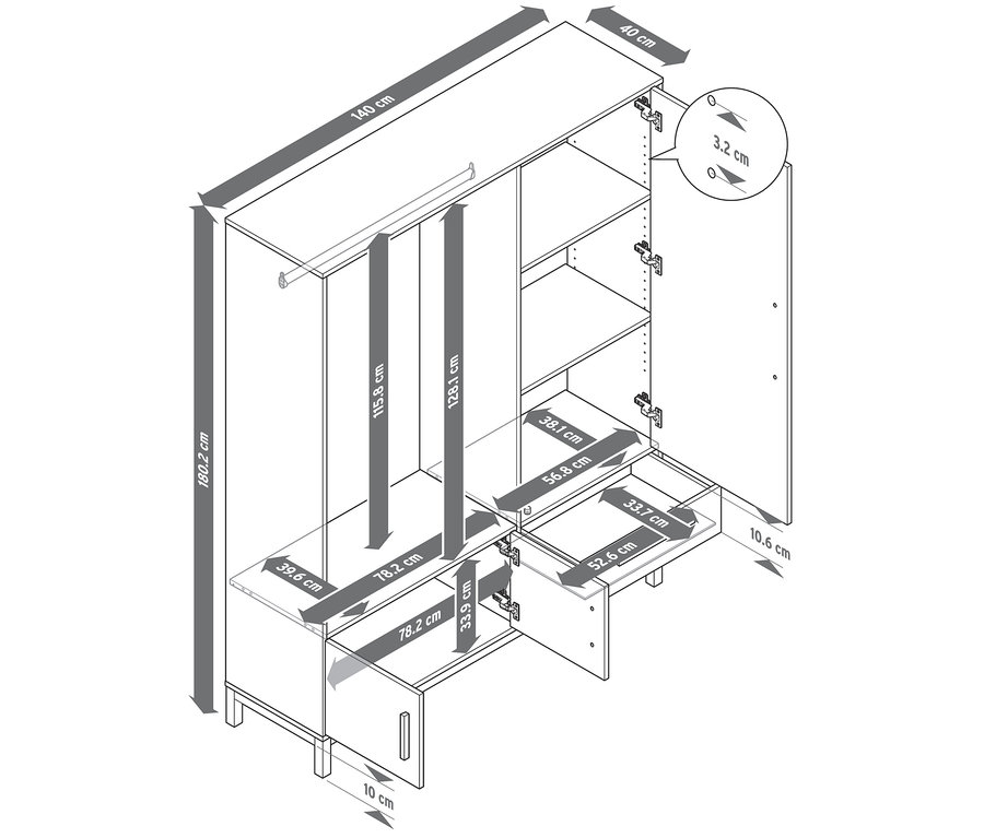 Dimensions de l'armoire «
Eklund » avec portes et tiroirs ouverts.