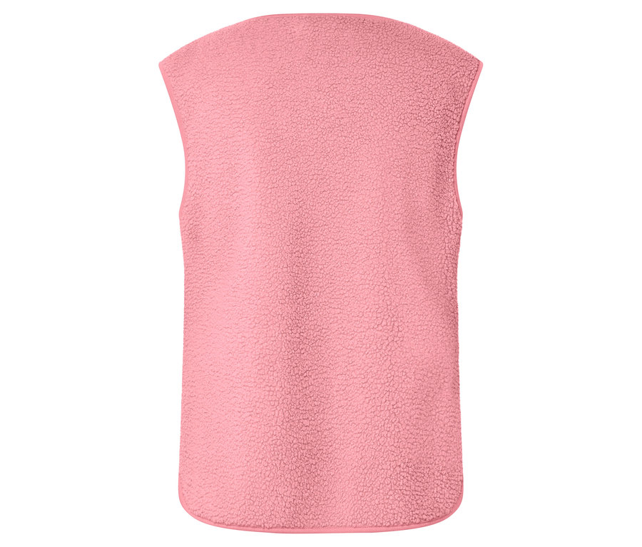 Vue arrière d'un gilet sans manches en peluche teddy rose.