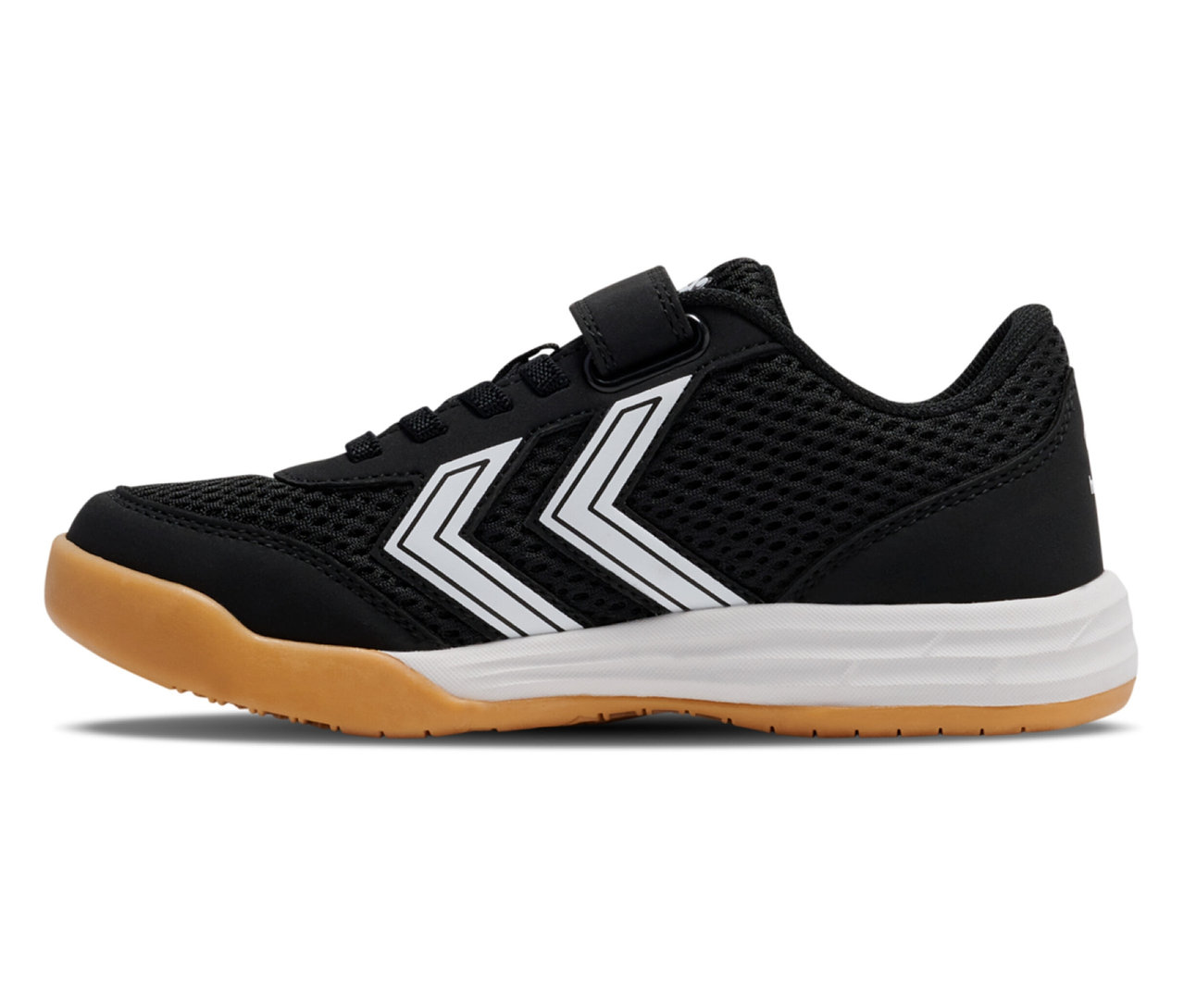 Multiplay Flex VC JR hummel® noir avec fermeture auto-agrippante et chevrons blancs sur le côté.