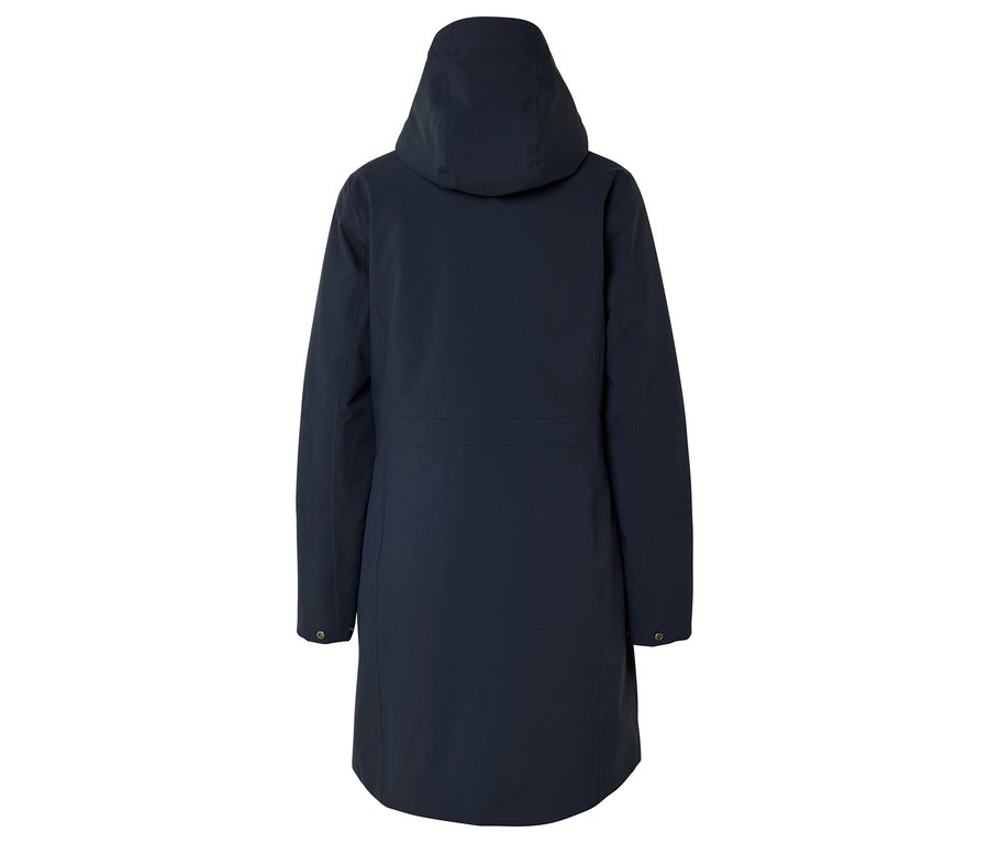 Vue arrière d'un long manteau bleu marine à capuche.