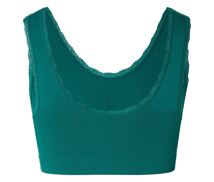 Soutien-gorge de sport vert avec bordure en dentelle à l'encolure et aux bretelles.