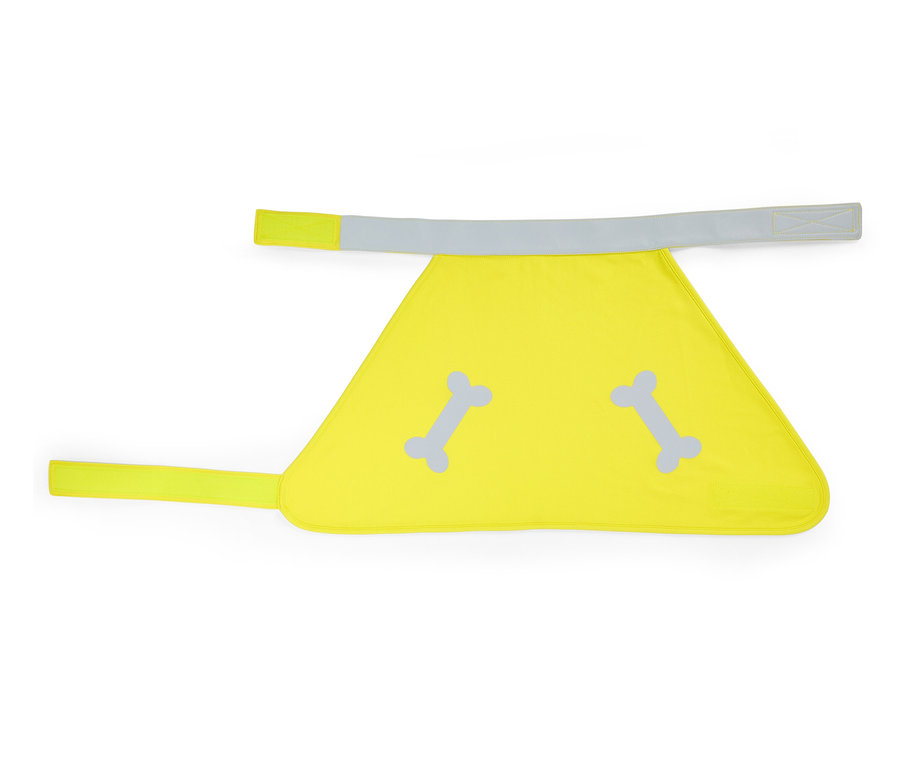 Gilet de sécurité jaune pour chien avec deux motifs d'os réfléchissants et des sangles réfléchissantes.