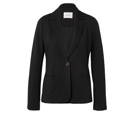 Blazer noir avec un bouton et un col à revers, présenté de face sur fond blanc.