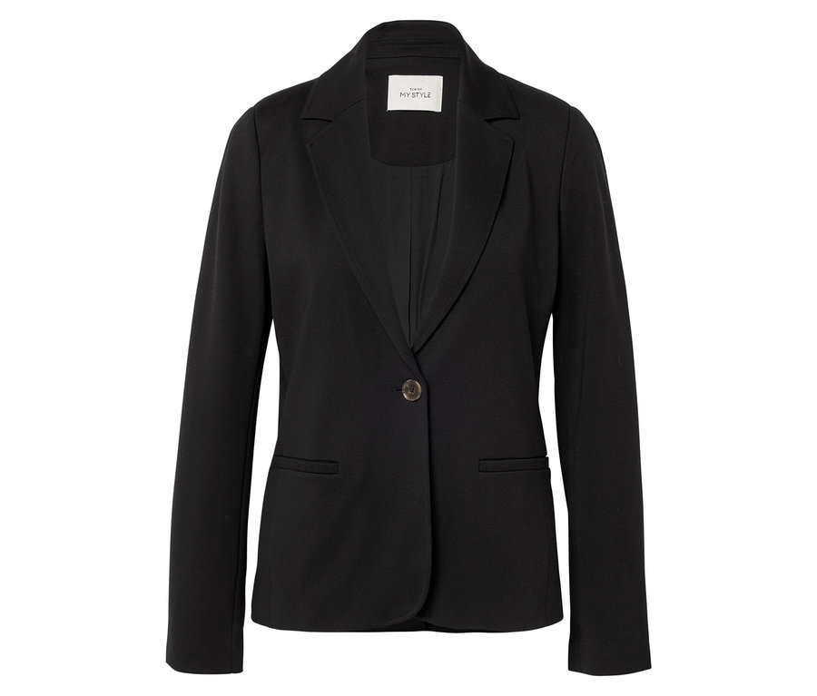 Blazer noir avec un bouton et un col à revers, présenté de face sur fond blanc.