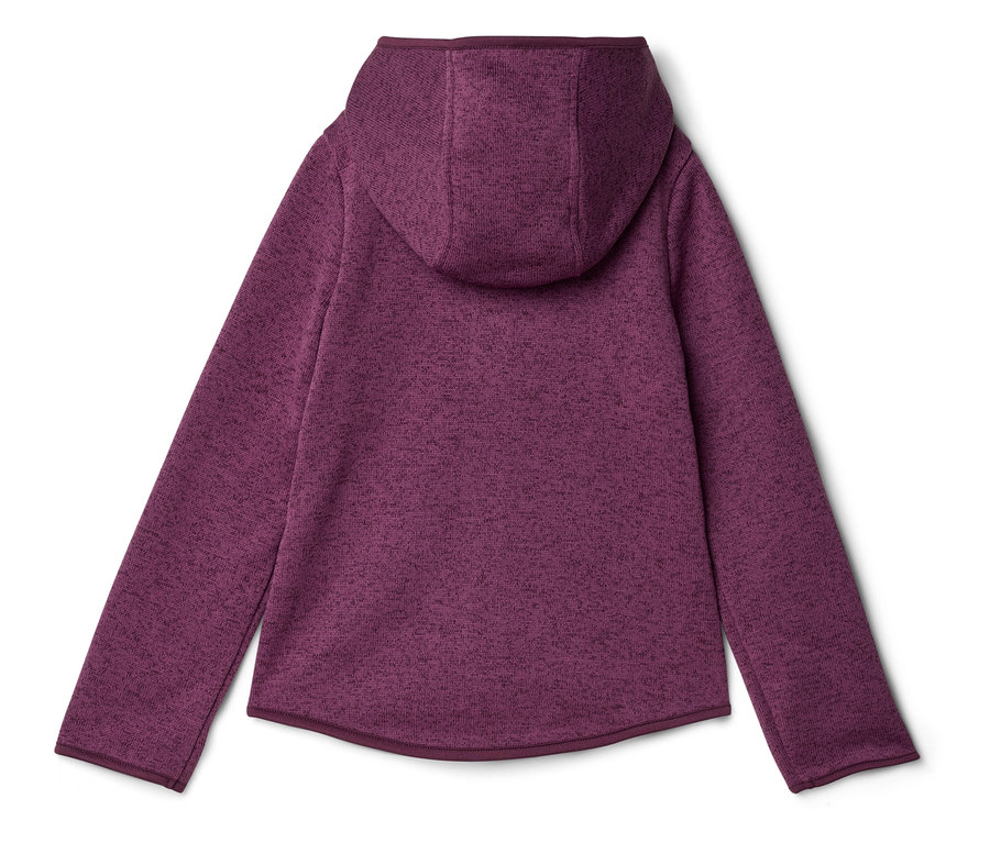 Vue arrière d'une veste polaire chinée violette avec capuche et manches longues, posée sur une surface blanche.