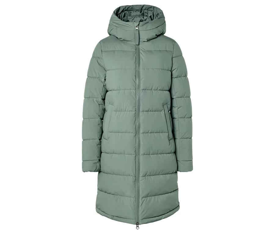 Manteau matelassé vert menthe avec capuche et fermeture éclair sur le devant.