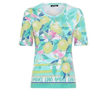 T-shirt Olsen à motif citrons et fleurs turquoise, vert et rose, avec inscription "AMORE CIAO" à l'ourlet.